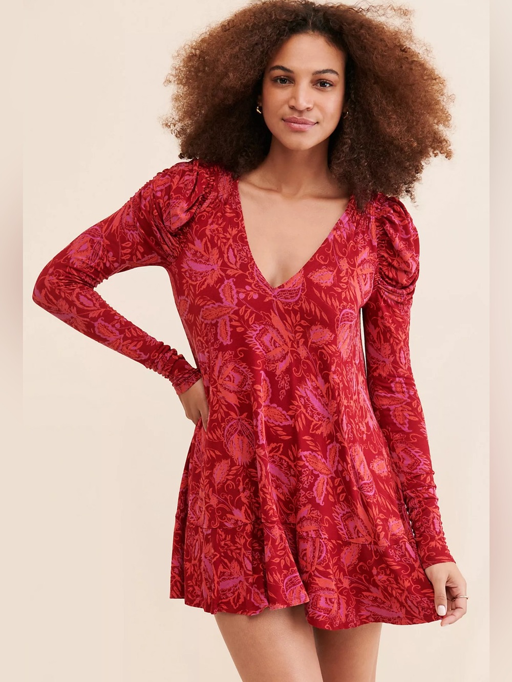 Free People Hello Lover Floral Ruched Puff Shoulder Tunic Mini Dress Red Small‎